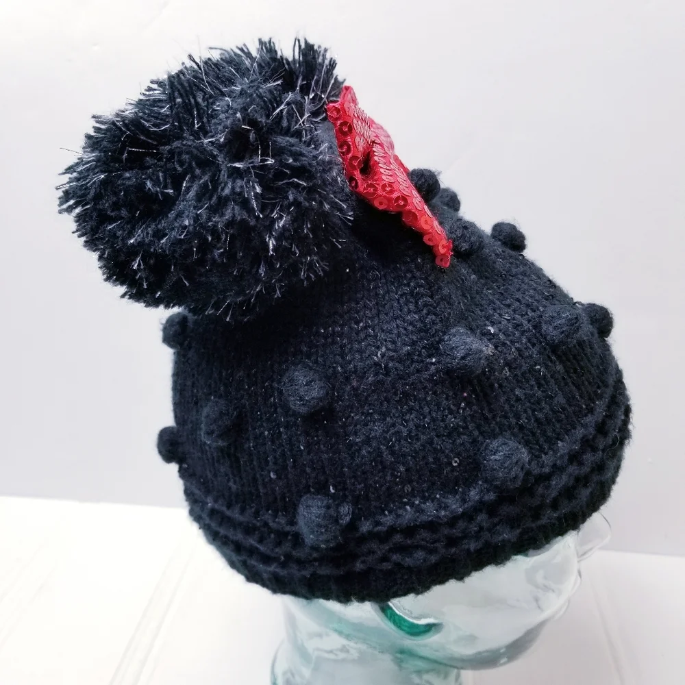 Disney Store Minnie Mouse Beanie XS/S 3-6 Sequin Bow Pom Pom Ears Knit Hat Black